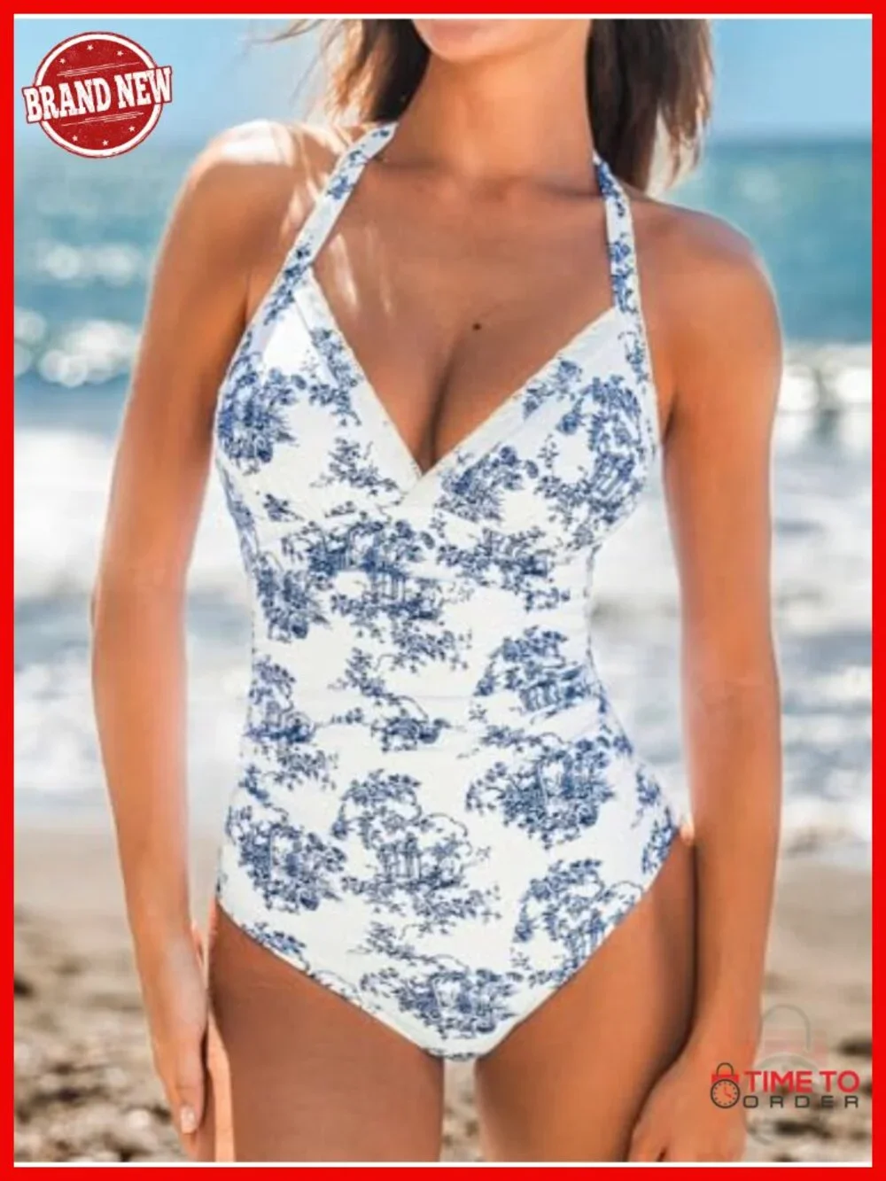 Women's V-Neck One Piece Swimsuit Ruched Tummy Adjustable Straps